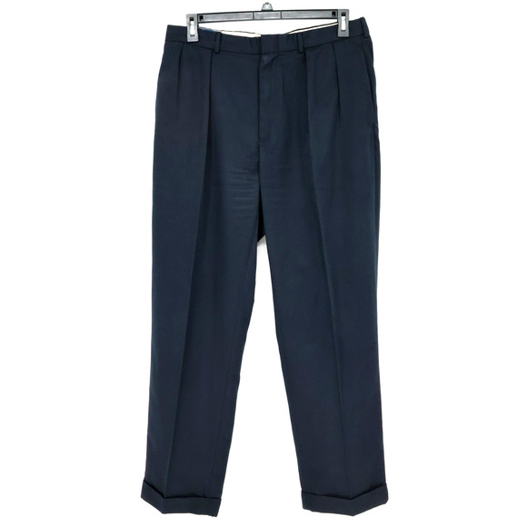 Polo Ralph Lauren Dress Pants 36 x 32 Mens Navy Blue Pleated Cuffed Unlined - Picture 1 of 9